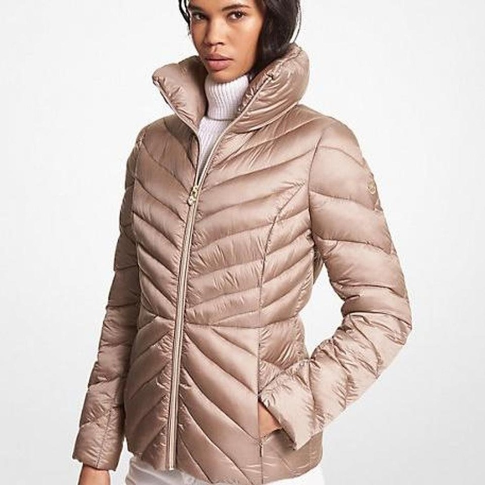Michael Kors Quilted Nylon Puffer Jacket In Beige Size L EUC'